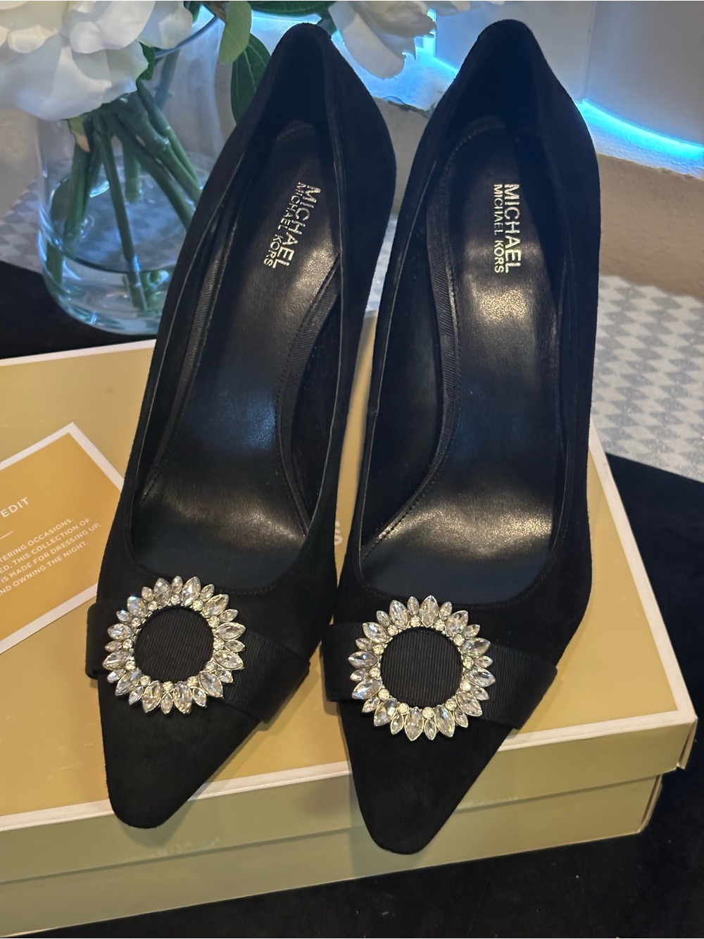 Michael Kors Black Suede Pointed Toe Heels with Crystal Sunburst Accent